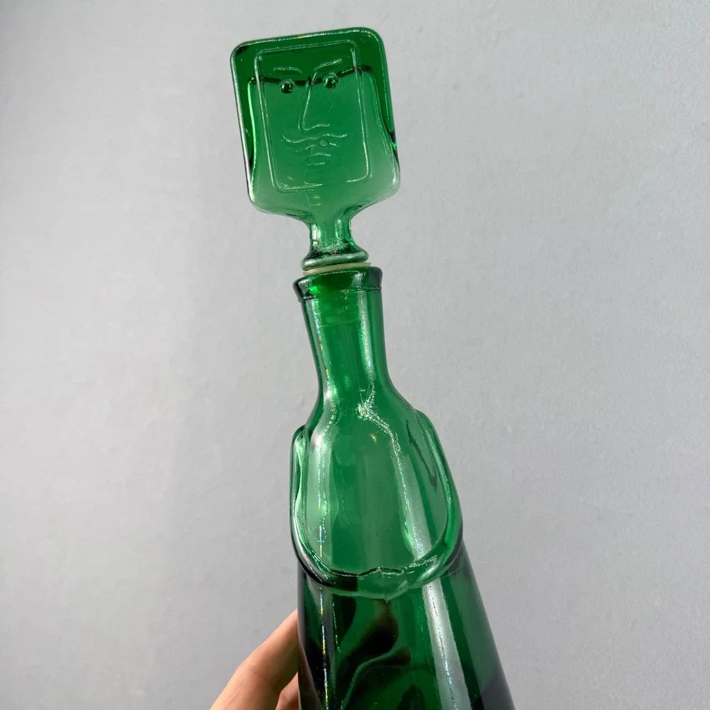 Erik Hoglund Boda Green Glass People Decanter Face Stopper Neiman Marcus 10.5